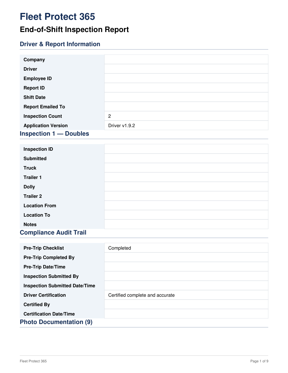 First page of the actual inspection report with identifying fields blanked out