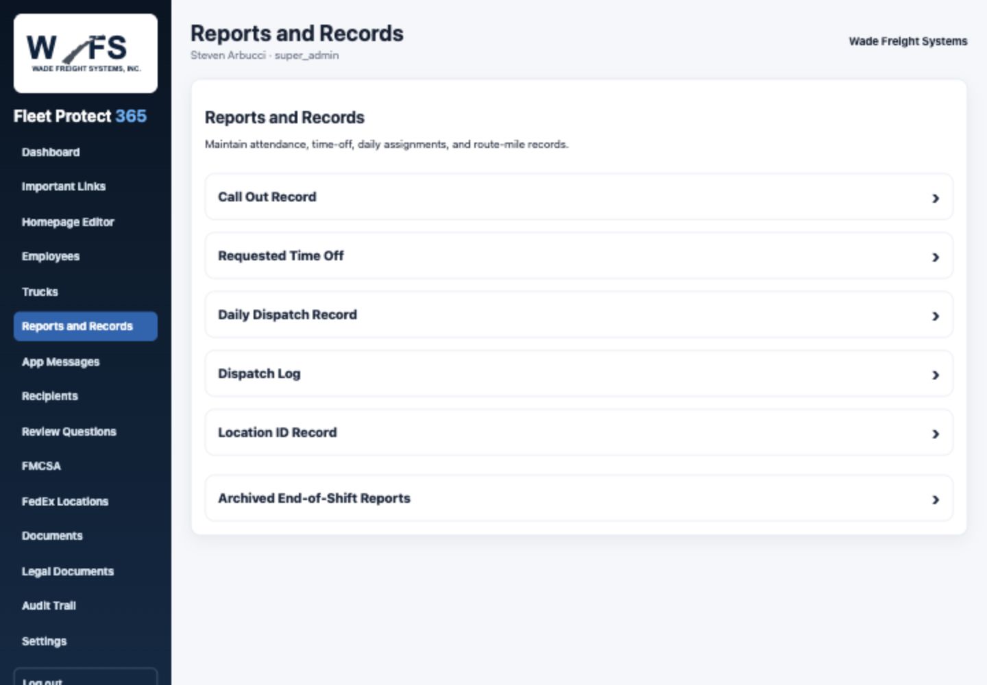 Actual Admin Portal — reports and records