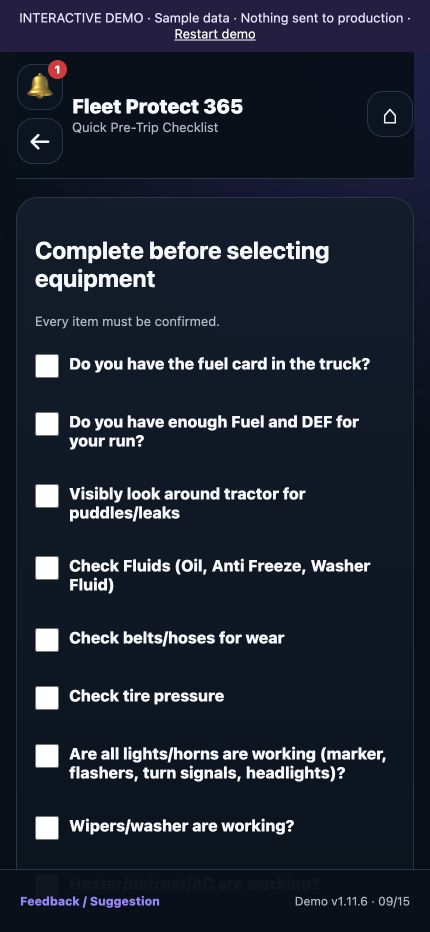 Driver App demo — quick pre-trip checklist