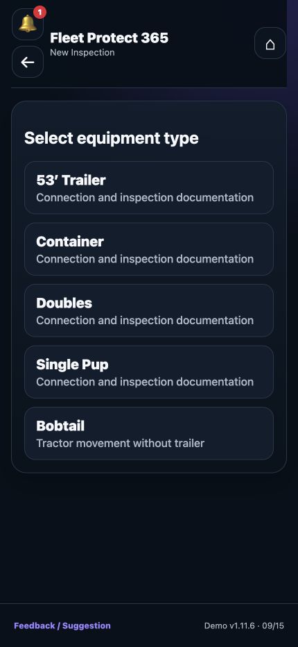 Driver App demo — equipment selection